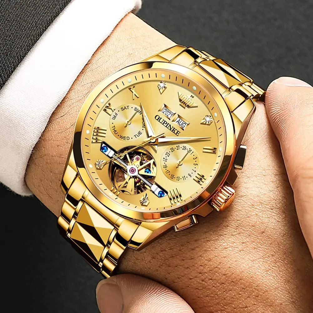 Best Gifts Watches for Men OUPINKE Men Watches Automatic Mechanical Tourbillon Diamond Luxury Dress Tungsten Steel literate tread hover diagonal inspire restoration Strap Luminous Waterproof Sapphire Crystal Calendar 