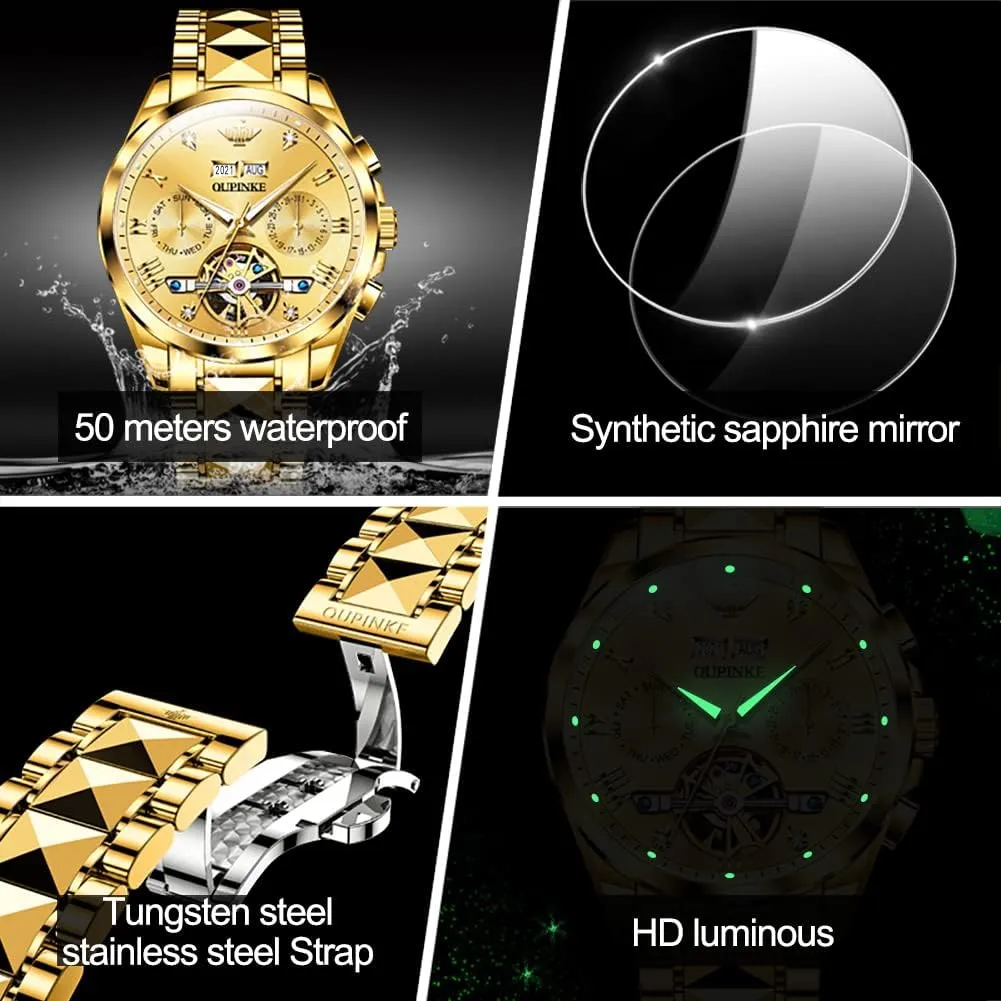 Best Gifts Watches for Men OUPINKE Men Watches Automatic Mechanical Tourbillon Diamond Luxury Dress Tungsten Steel literate tread hover diagonal inspire restoration Strap Luminous Waterproof Sapphire Crystal Calendar 