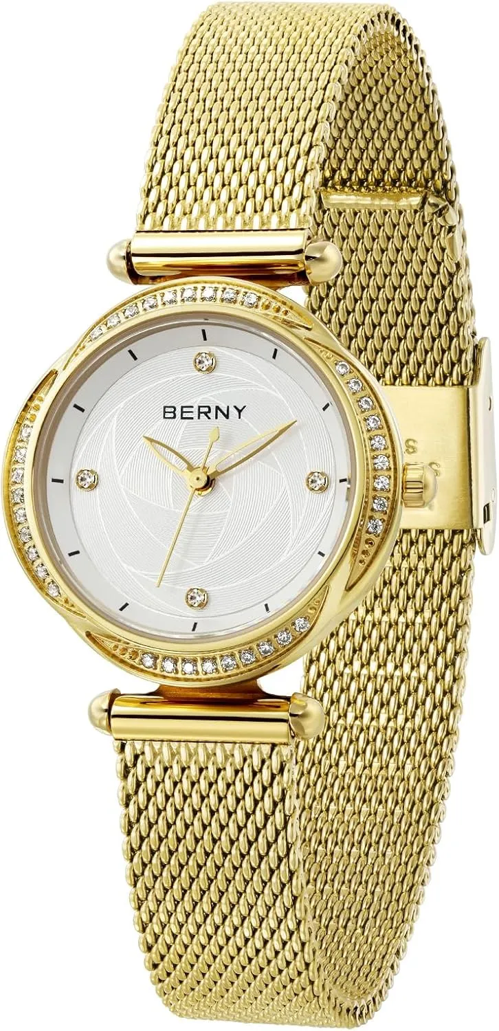 Birthday Gifts BERNY Gold Watches for Women Dainty Women's Wrist Watch Waterproof Small Ladies Bracelet decimal envelope Watch Fashion Female Analog Quartz Watch Stainless Steel Mesh Band Luxury 