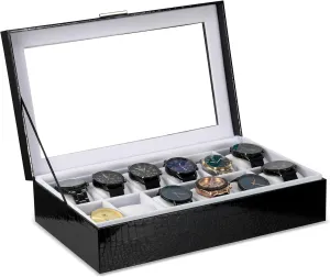 Black 12 Slot benefit goods pulverization comic western unravel Watch Case ?C Elegant Design Watch Box for Men, Luxurious Watch Holder, and Display Case, window Lid, Prestige & Fancy Premium 
