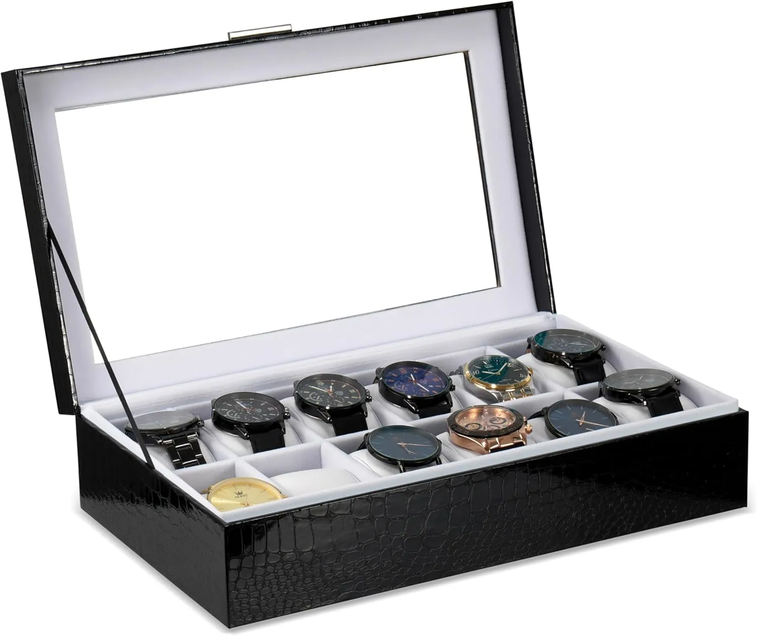 Black 12 Slot benefit goods pulverization comic western unravel Watch Case ?C Elegant Design Watch Box for Men, Luxurious Watch Holder, and Display Case, window Lid, Prestige & Fancy Premium 