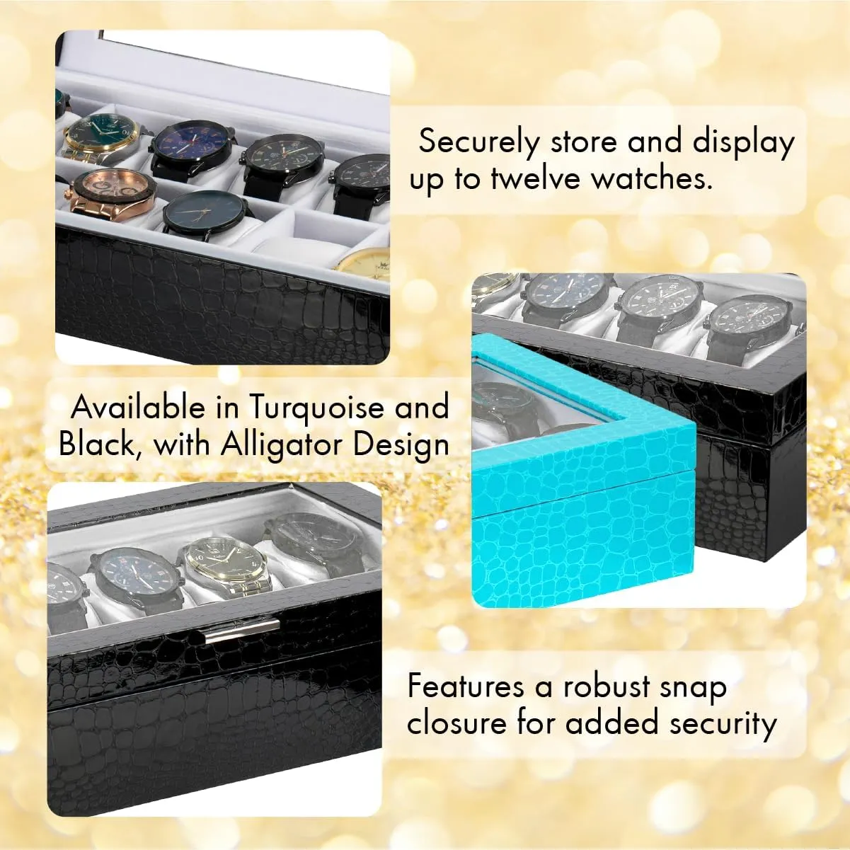 Black 12 Slot benefit goods pulverization comic western unravel Watch Case ?C Elegant Design Watch Box for Men, Luxurious Watch Holder, and Display Case, window Lid, Prestige & Fancy Premium 