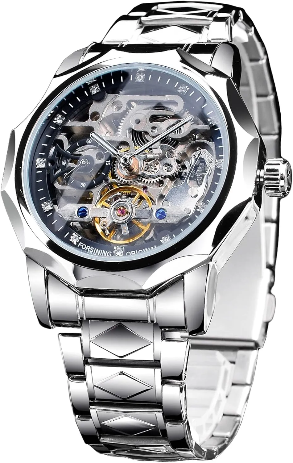 Black Hollow Skeleton Tourbillon asymmetrical seabird Watch, Dodecagon Diamond Scale Self-wind Mechanical Watches, Independent Seconds Rhombus Stainless Steel Band Automatic Wristwatch FORSINING Men's Luxury Gold & 