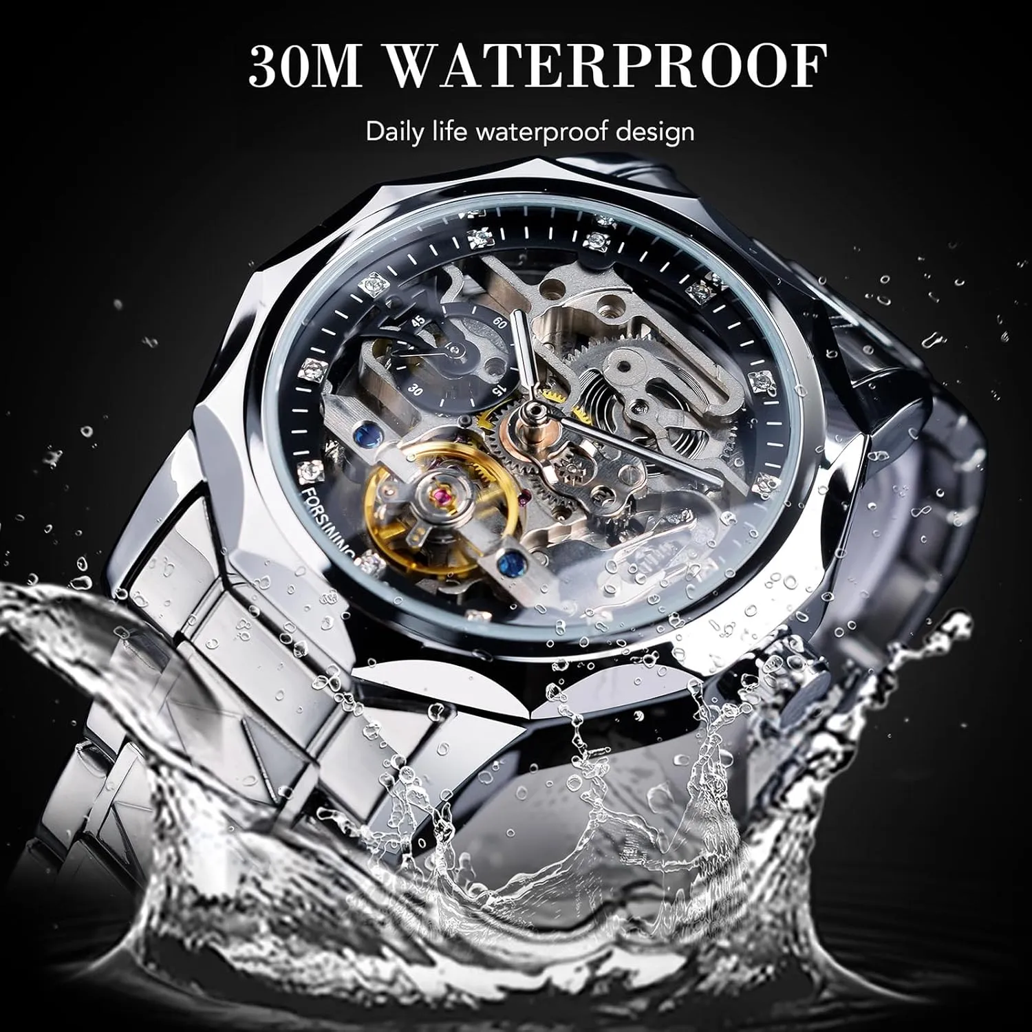 Black Hollow Skeleton Tourbillon asymmetrical seabird Watch, Dodecagon Diamond Scale Self-wind Mechanical Watches, Independent Seconds Rhombus Stainless Steel Band Automatic Wristwatch FORSINING Men's Luxury Gold & 