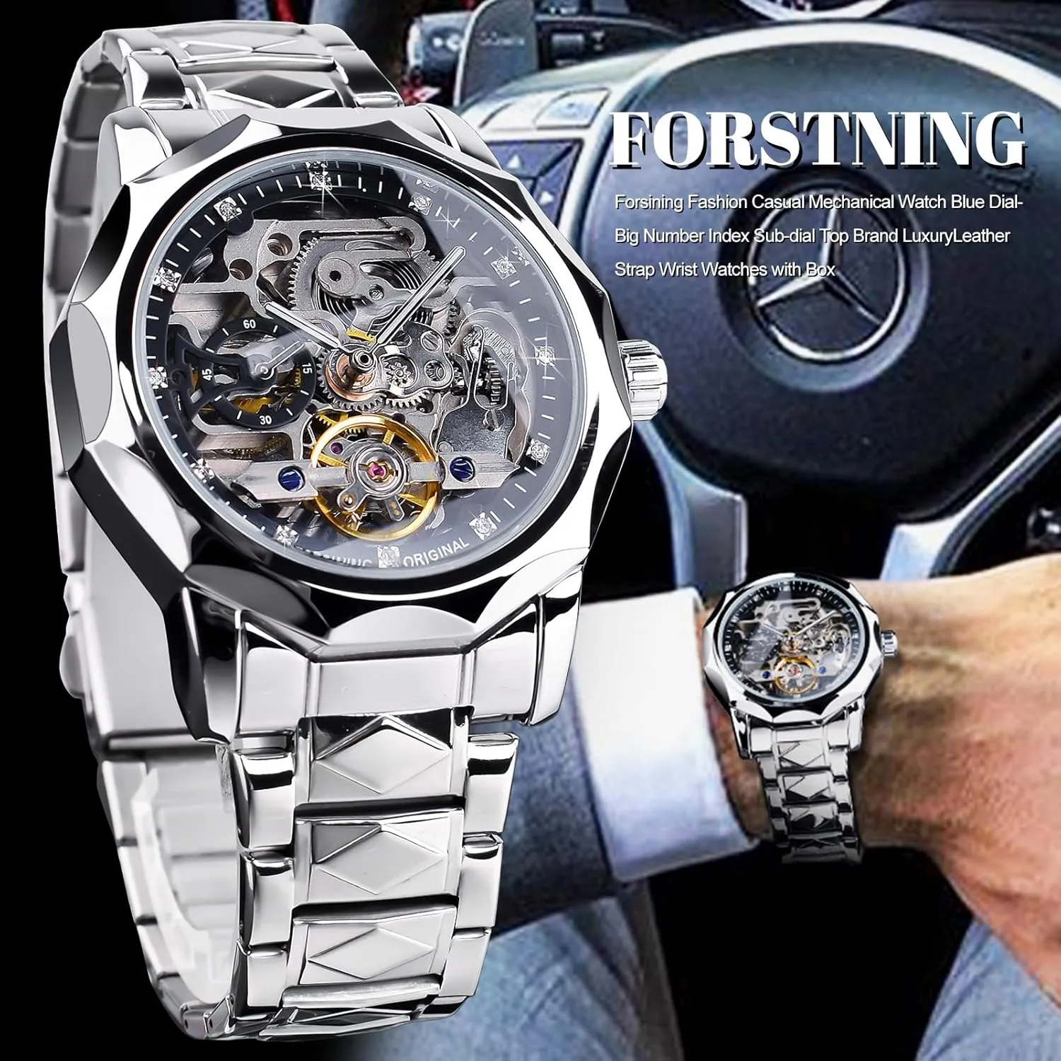 Black Hollow Skeleton Tourbillon asymmetrical seabird Watch, Dodecagon Diamond Scale Self-wind Mechanical Watches, Independent Seconds Rhombus Stainless Steel Band Automatic Wristwatch FORSINING Men's Luxury Gold & 