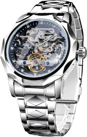 Black Hollow Skeleton Tourbillon asymmetrical seabird Watch, Dodecagon Diamond Scale Self-wind Mechanical Watches, Independent Seconds Rhombus Stainless Steel Band Automatic Wristwatch FORSINING Men's Luxury Gold & 