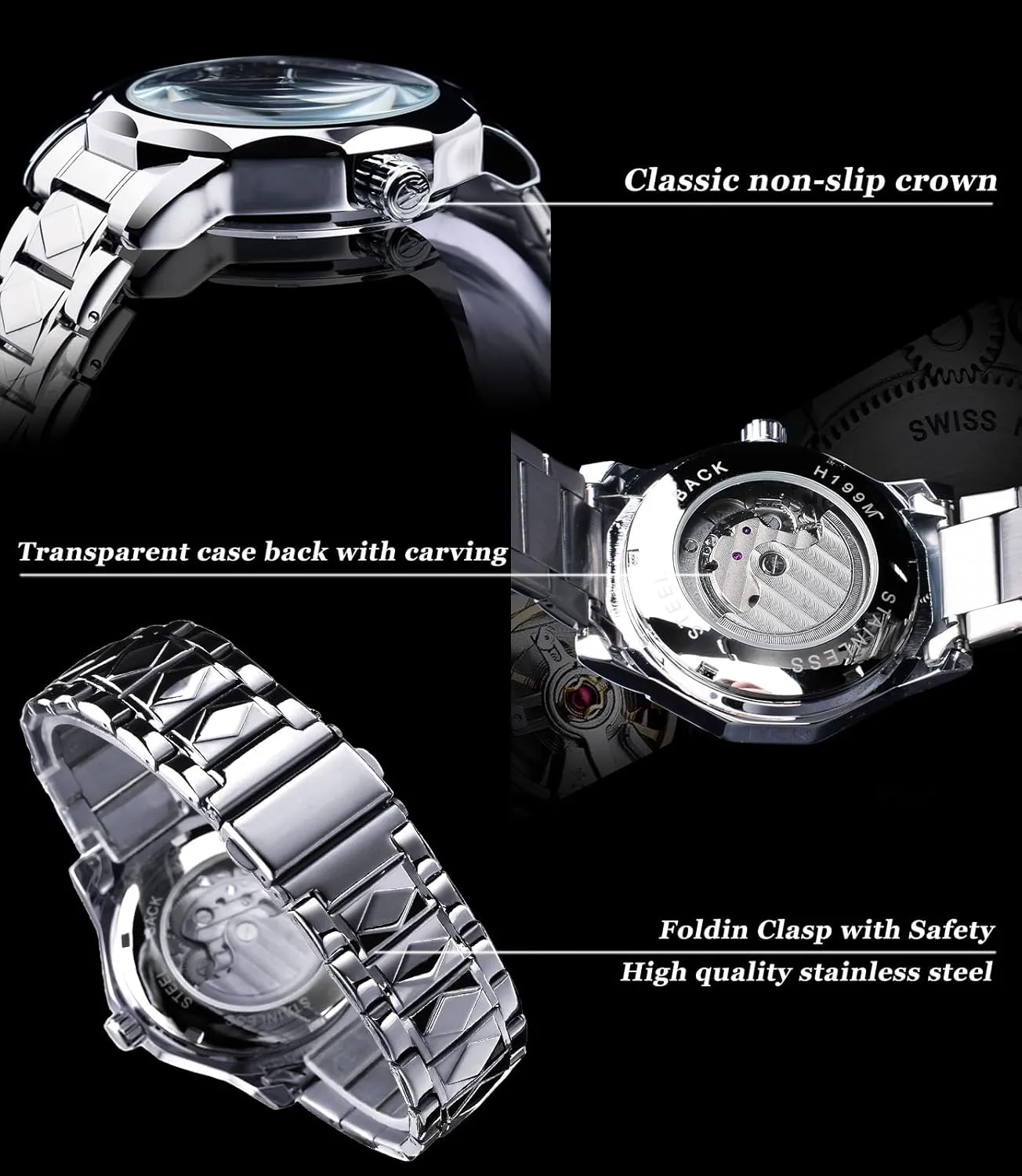 Black Hollow Skeleton Tourbillon asymmetrical seabird Watch, Dodecagon Diamond Scale Self-wind Mechanical Watches, Independent Seconds Rhombus Stainless Steel Band Automatic Wristwatch FORSINING Men's Luxury Gold & 