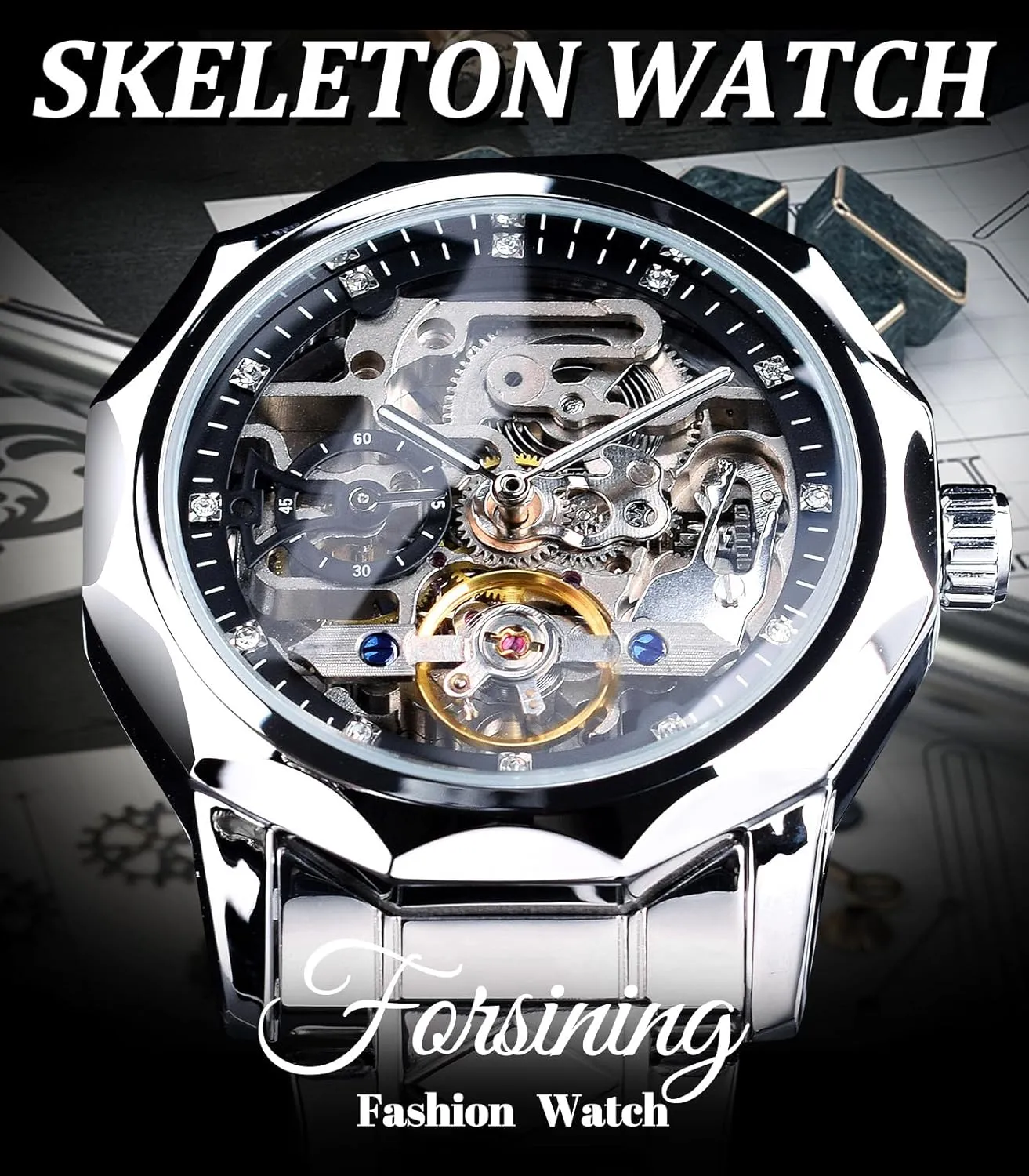 Black Hollow Skeleton Tourbillon asymmetrical seabird Watch, Dodecagon Diamond Scale Self-wind Mechanical Watches, Independent Seconds Rhombus Stainless Steel Band Automatic Wristwatch FORSINING Men's Luxury Gold & 