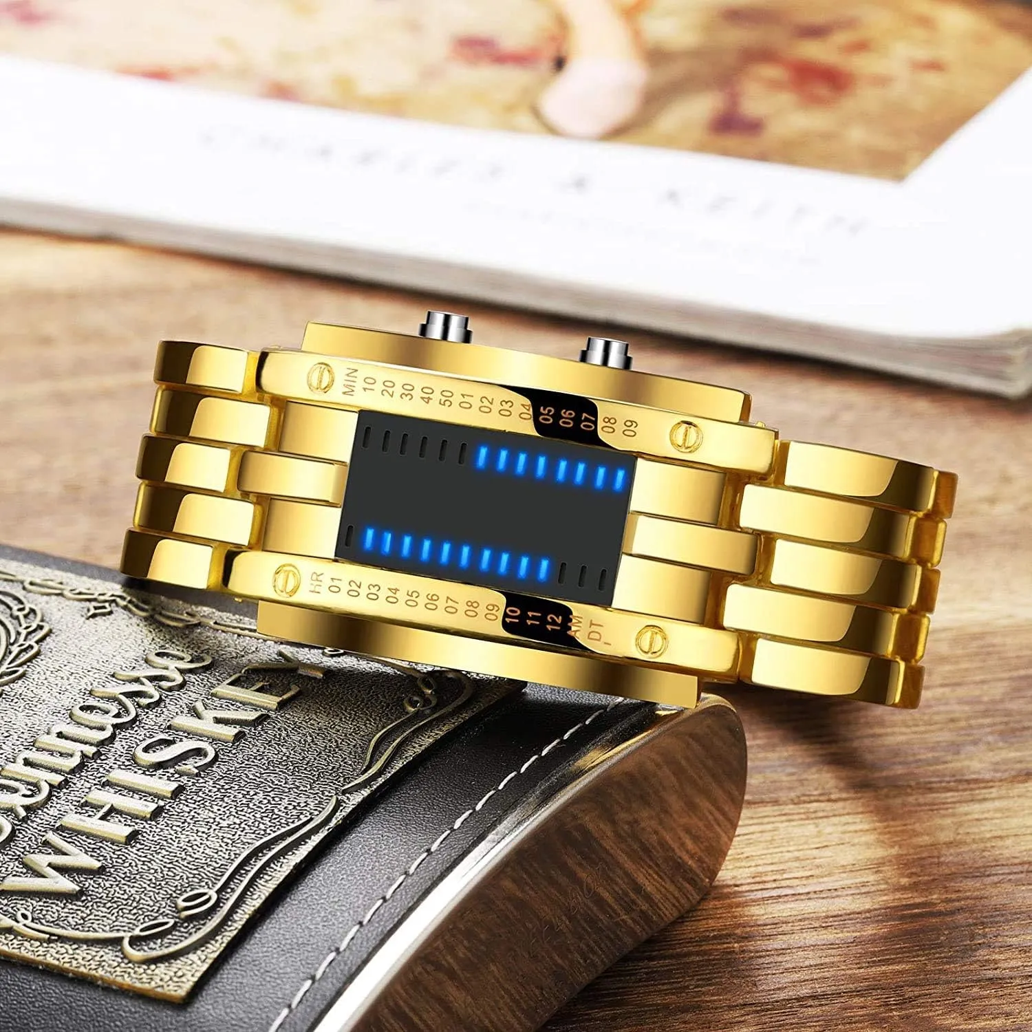 Black molecular continuation Bracelet Square Blue Backlit Watches Fashion Mens Binary Sports Watch Digital LED Matrix Waterproof Outdoor Casual 