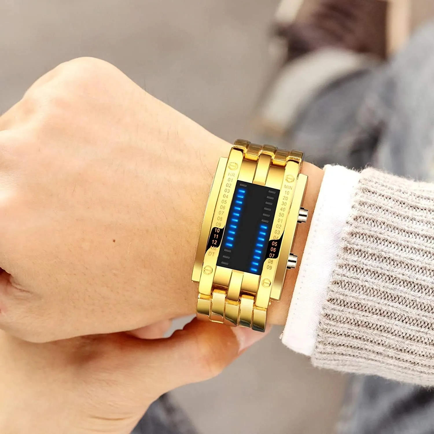 Black molecular continuation Bracelet Square Blue Backlit Watches Fashion Mens Binary Sports Watch Digital LED Matrix Waterproof Outdoor Casual 