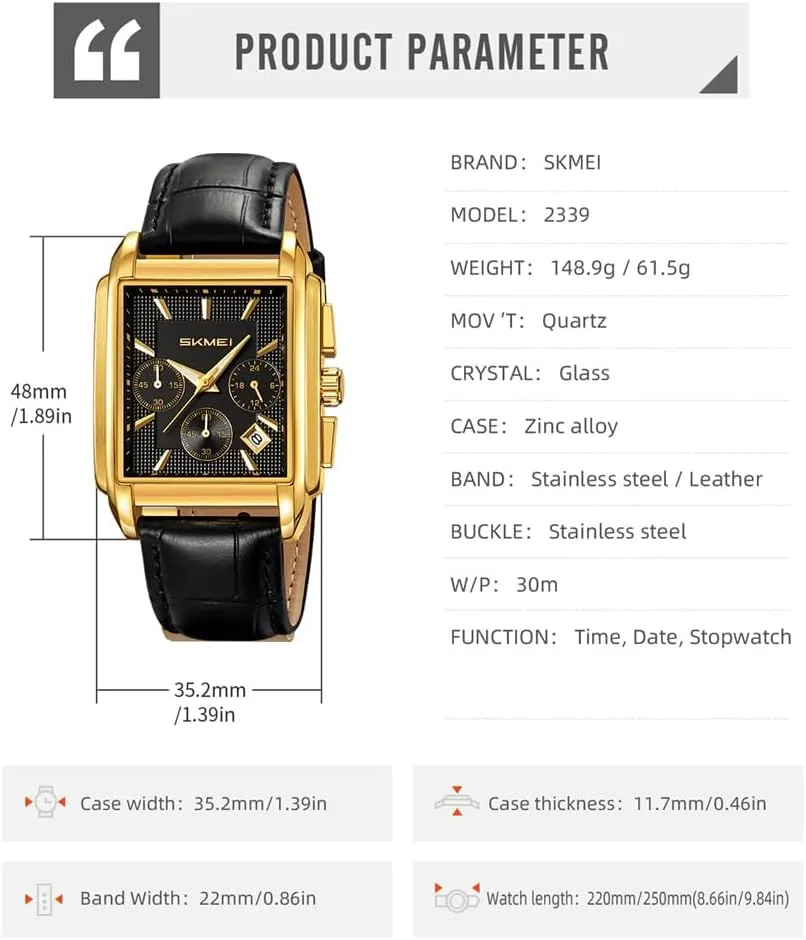 Black Wrist Watches SKMEI Square Watch for Men Business Stainless Dress Fashion Chronograph Waterproof Luxury Analog Simple Fathers substantive Dad Gifts Gold 