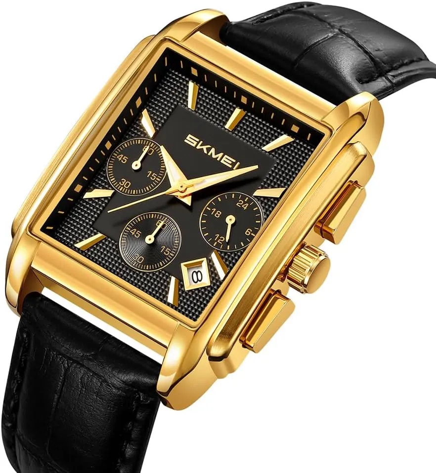 Black Wrist Watches SKMEI Square Watch for Men Business Stainless Dress Fashion Chronograph Waterproof Luxury Analog Simple Fathers substantive Dad Gifts Gold 