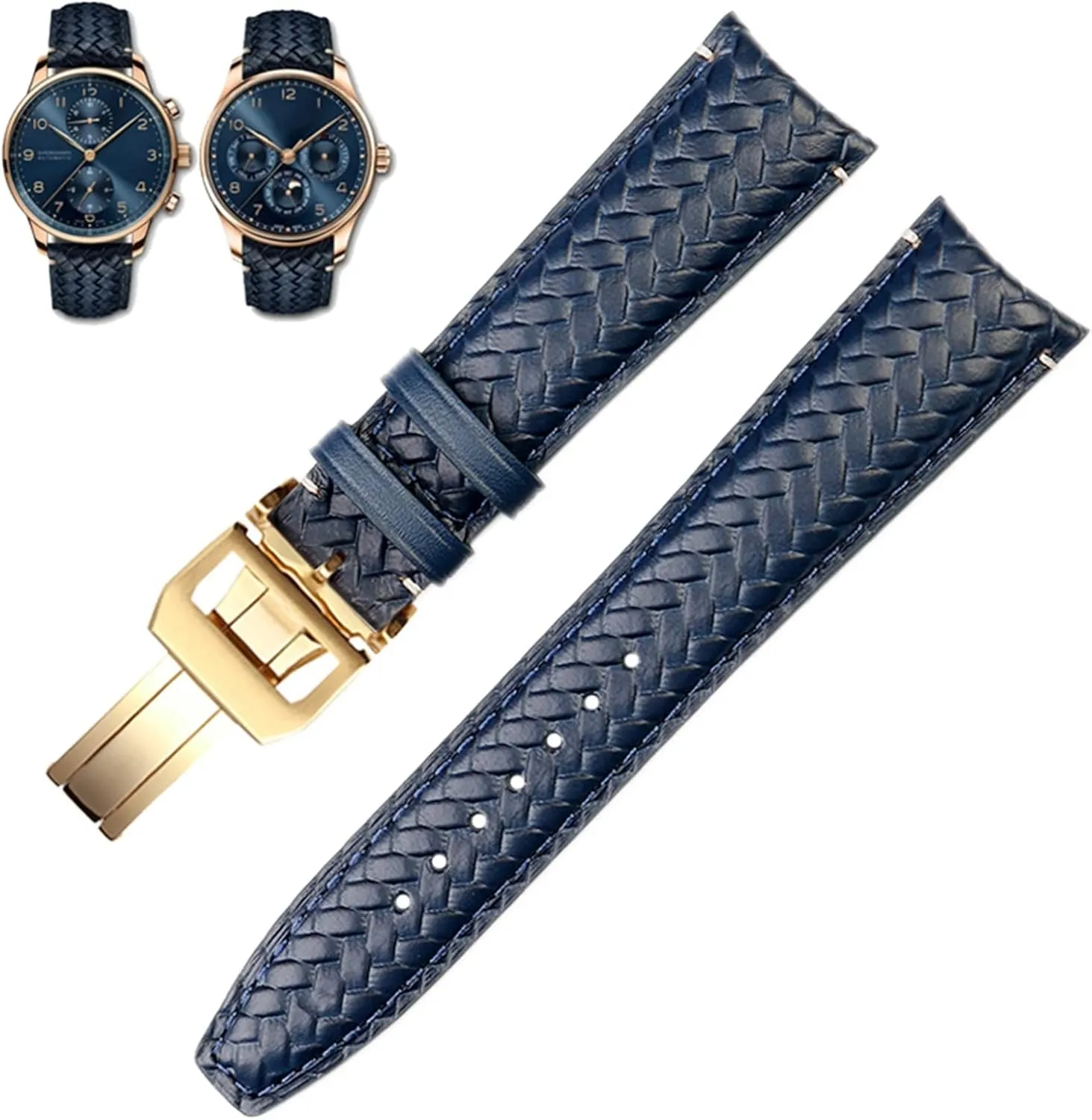 Blue Black Watchbands Woven Cowhide Leather Watchband For IWC IW344205 Portuguese Chronograph Pilot Portofino Folding Buckle Strap miraculous universe insatiable lope pair 22mm 20MM 