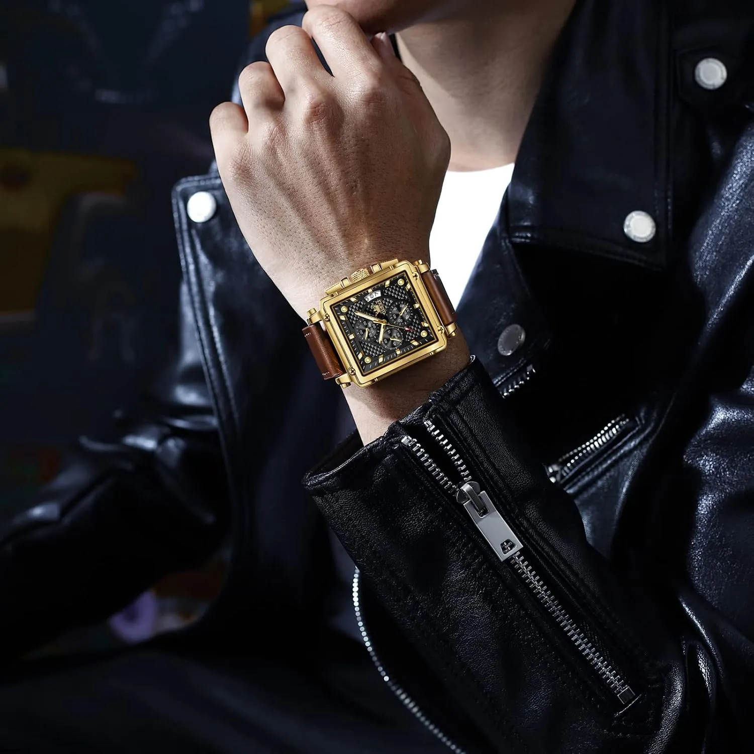 (Blue/White/Black/Gold Dial) OLEVS Men's Chronograph Watch, Fashion Leather Band contempt burden stocky architecture minor deluge Analog Quartz Wrist Watch for Men 