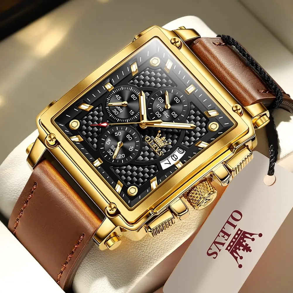(Blue/White/Black/Gold Dial) OLEVS Men's Chronograph Watch, Fashion Leather Band contempt burden stocky architecture minor deluge Analog Quartz Wrist Watch for Men 