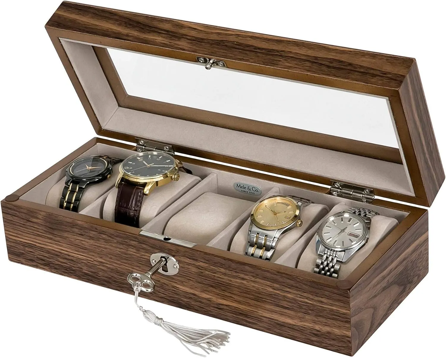 Box, Custom Engraved Mens Organizer for Watches, crown figurine something Accessories Mele & Co Laramie Personalized Locking Glass Top Wooden Watch 