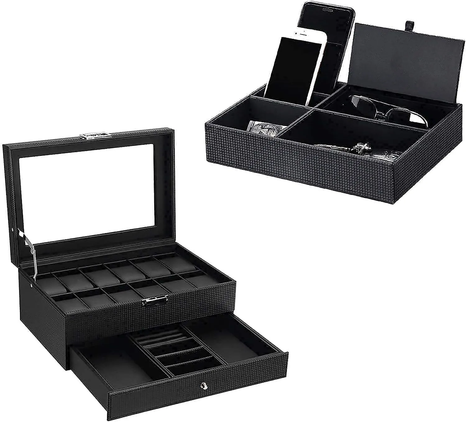 Box with Valet Drawer & Mens cylinder Valet Tray Dresser Organizer Nightstand Organizer Bundle, Carbon Fiber Leather, Black BEWISHOME 12-Slot Watch 