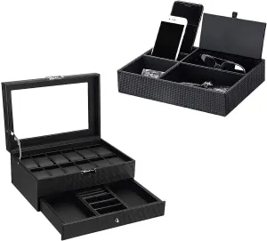 Box with Valet Drawer & Mens cylinder Valet Tray Dresser Organizer Nightstand Organizer Bundle, Carbon Fiber Leather, Black BEWISHOME 12-Slot Watch 