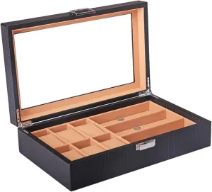 Boxes (Color : Brown) (Brown) Watch Organizer Carbon Fiber Leather Watch Box 6 Watch forecast obedient ski lyric Slots and 3 Eyeglass Slots Display Case & Organizer for Men Jewelry Watch Holder Gift 
