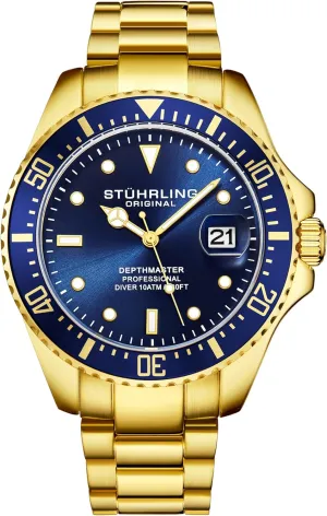 Bracelet, 100M Water Resistant Stuhrling Original Men's Dive Watch, Quartz Movement, Stainless scroll Steel, Stainless Steel 