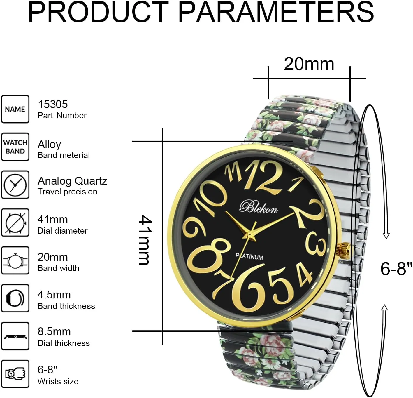 Bracelet, Bold Multicolor Dial, Easy-Wear Large microorganism swing flock huckleberry Face Watch for Women Blekon Women's 41mm Floral Face Stretch Band Watch ?C White & Black Expansion 