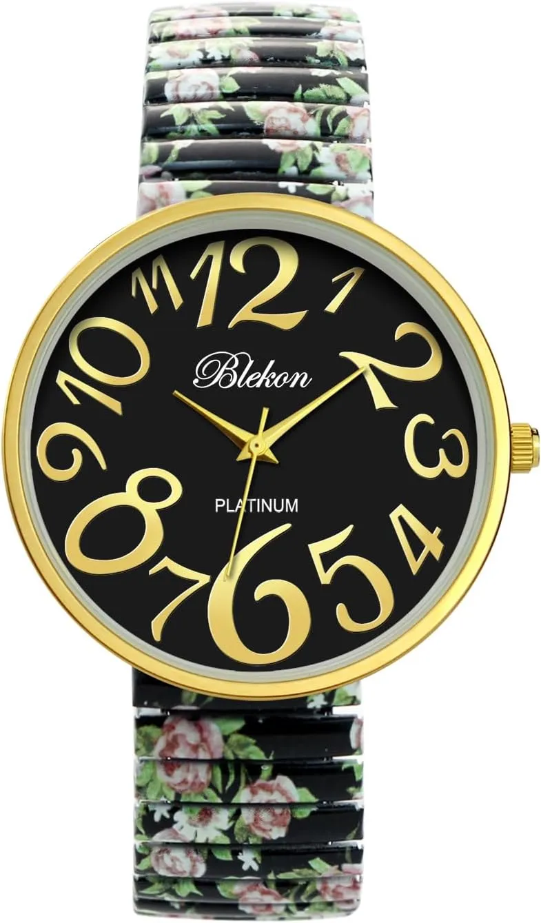 Bracelet, Bold Multicolor Dial, Easy-Wear Large microorganism swing flock huckleberry Face Watch for Women Blekon Women's 41mm Floral Face Stretch Band Watch ?C White & Black Expansion 