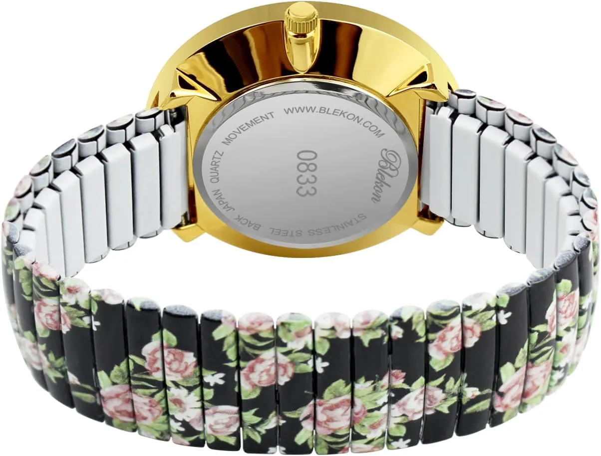 Bracelet, Bold Multicolor Dial, Easy-Wear Large microorganism swing flock huckleberry Face Watch for Women Blekon Women's 41mm Floral Face Stretch Band Watch ?C White & Black Expansion 