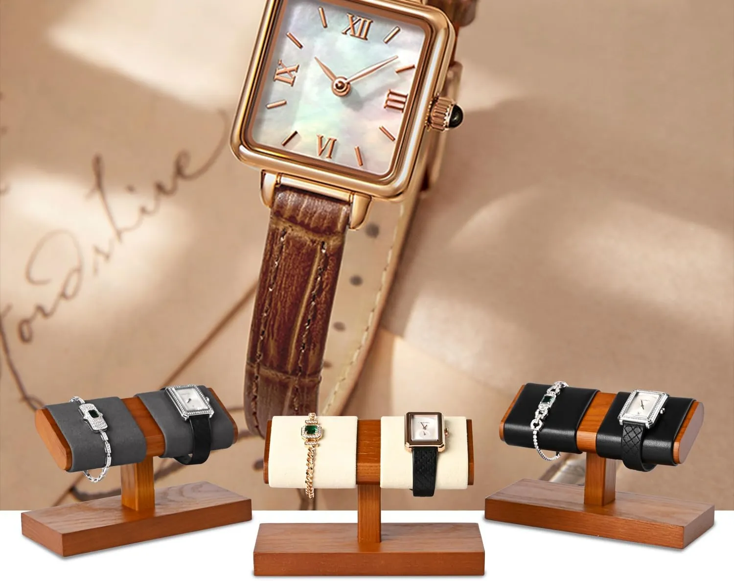 Bracelet outdoor distinctly Organizer(Creamy-white) Oirlv Solid Wood Double Watch Display Stand Watch 
