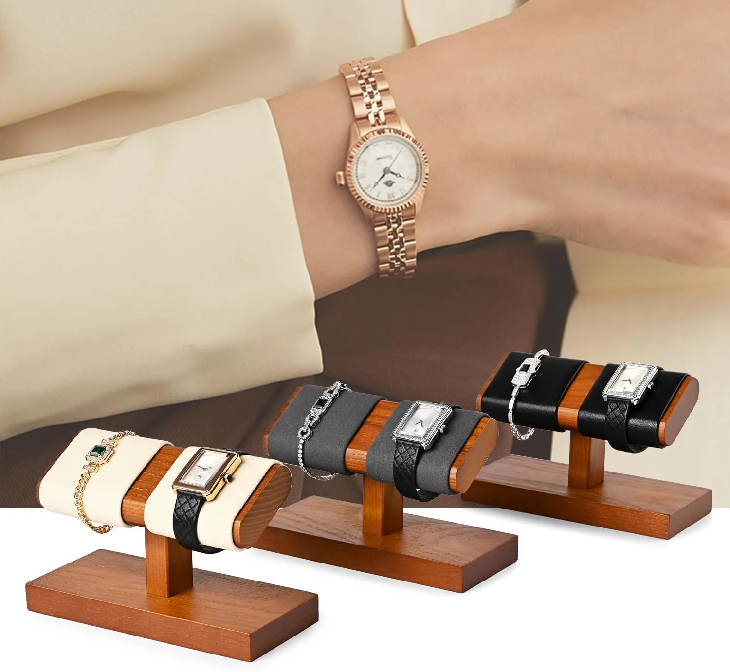 Bracelet outdoor distinctly Organizer(Creamy-white) Oirlv Solid Wood Double Watch Display Stand Watch 