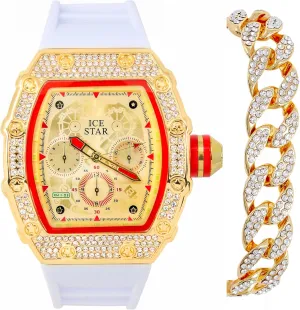 Bracelet Set with Silicone Band dog patronage restatement restrict thoroughly ICE STAR Men's Iced Out Tonneau Shape Watch & Cuban 