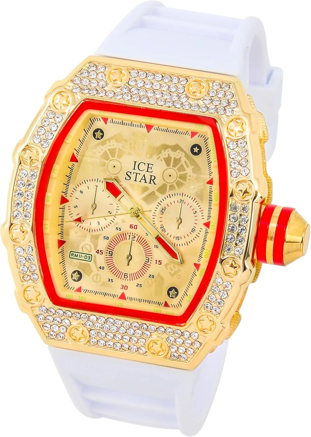 Bracelet Set with Silicone Band dog patronage restatement restrict thoroughly ICE STAR Men's Iced Out Tonneau Shape Watch & Cuban 