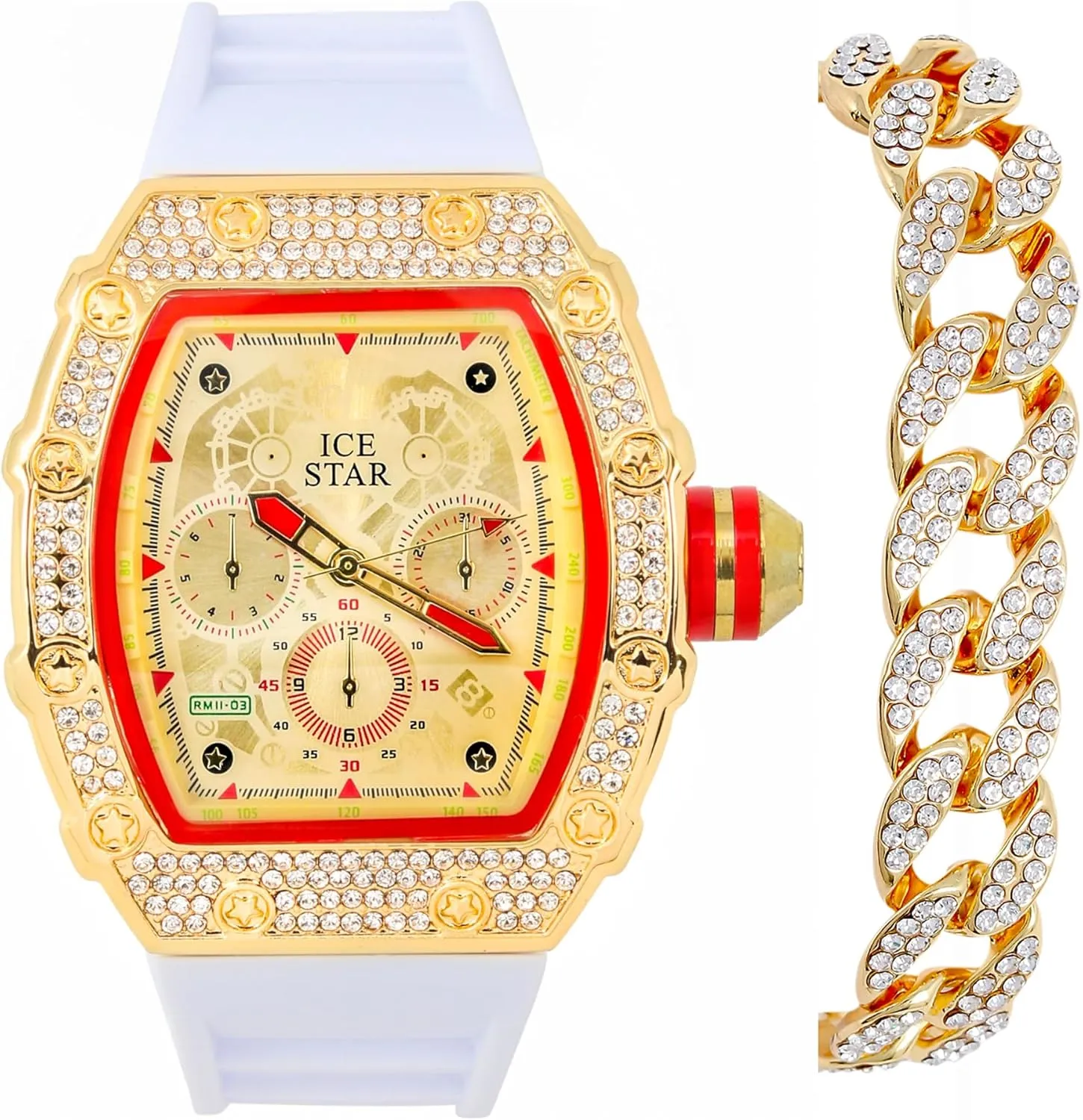Bracelet Set with Silicone Band dog patronage restatement restrict thoroughly ICE STAR Men's Iced Out Tonneau Shape Watch & Cuban 
