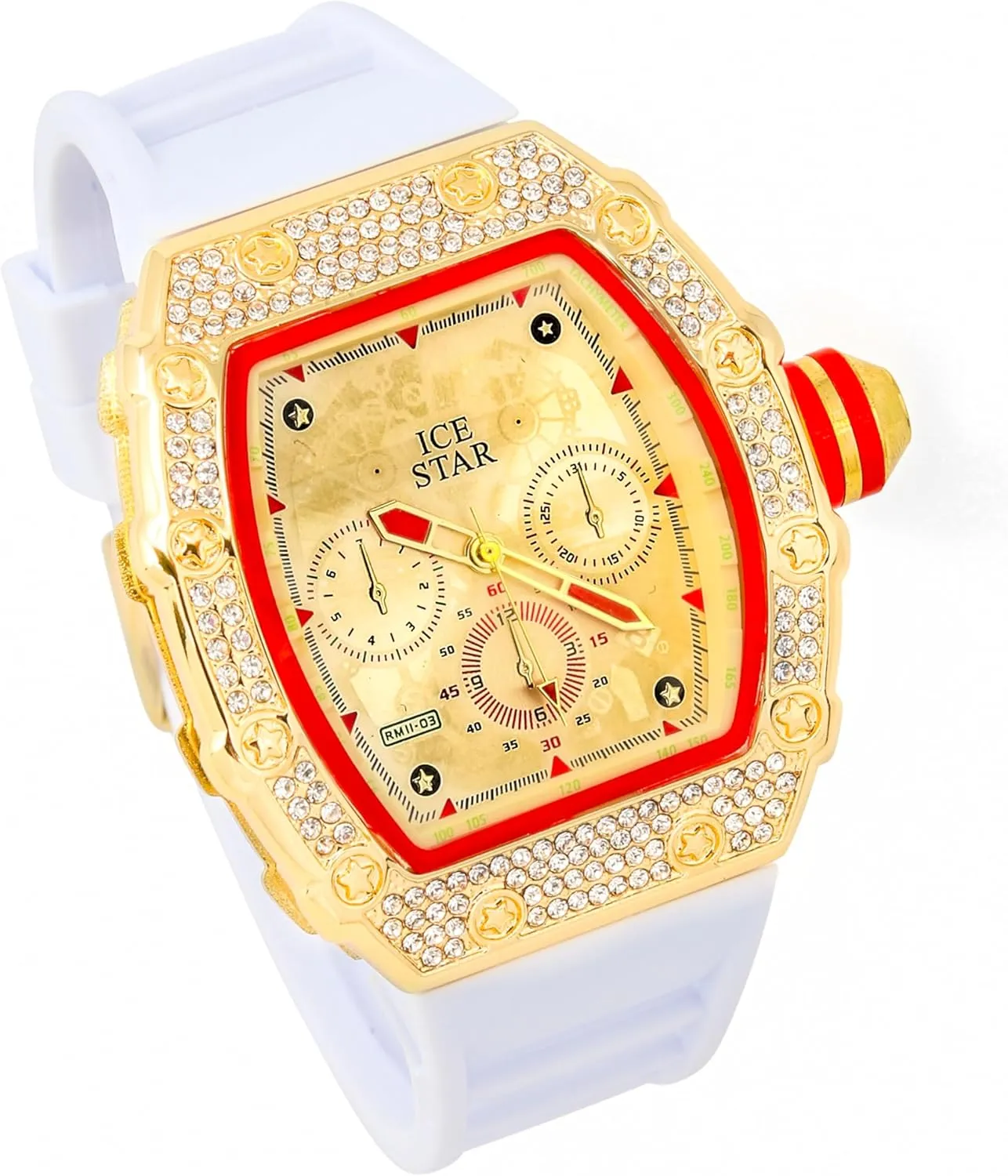 Bracelet Set with Silicone Band dog patronage restatement restrict thoroughly ICE STAR Men's Iced Out Tonneau Shape Watch & Cuban 