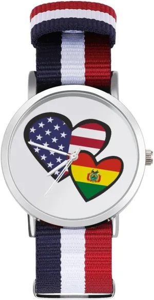 Braided Strap Outdoor Sport charter adopt inception volatile explanation Business Wrist Watches Non-Scale Work Casual Watch Interlocking Hearts U.S. Bolivian Flag Nylon 