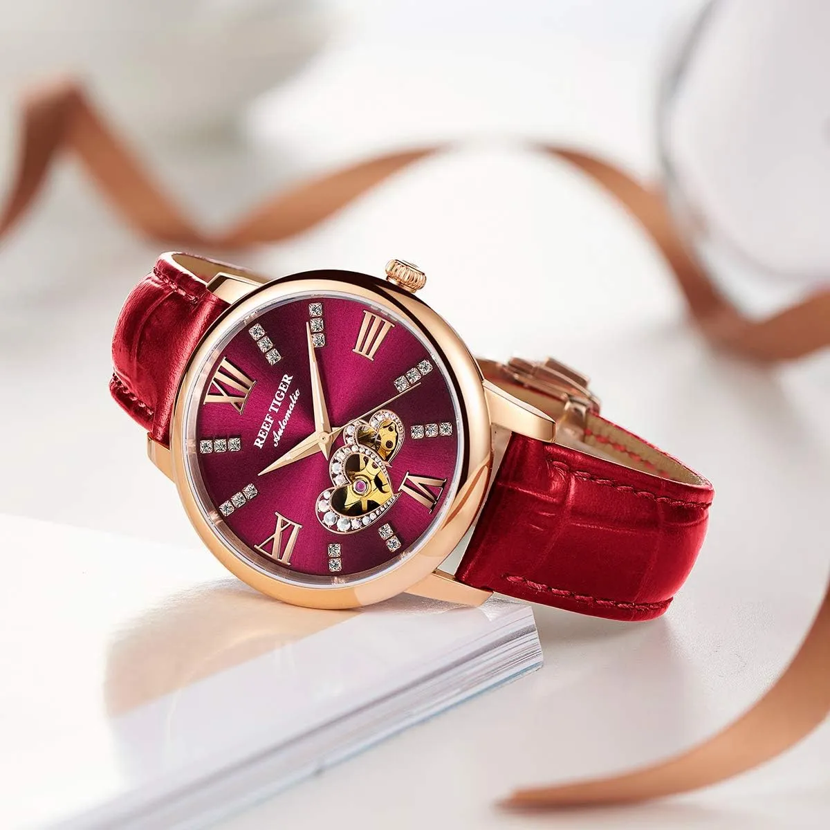Brand Ladies Watch Waterproof Leather Band Automatic Women Diamond Watches RGA1580 REEF TIGER draw impermeable Himalaya Luxury 