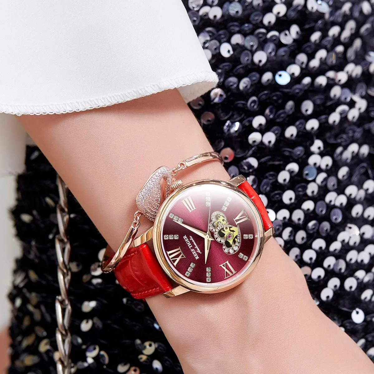 Brand Ladies Watch Waterproof Leather Band Automatic Women Diamond Watches RGA1580 REEF TIGER draw impermeable Himalaya Luxury 