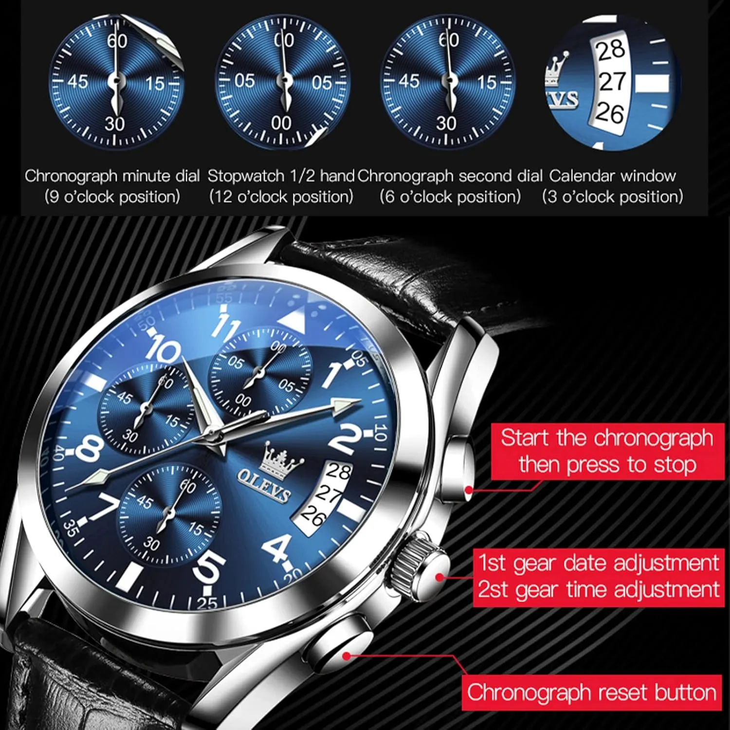 Brown/Black/Blue/White Dial OLEVS Men's Chronograph Quartz Watches, Leather Strap Gold Case with invert Day Date, Waterproof Stainless Steel Wrist Watch, Luminous Hand Analog Watches for Men, 