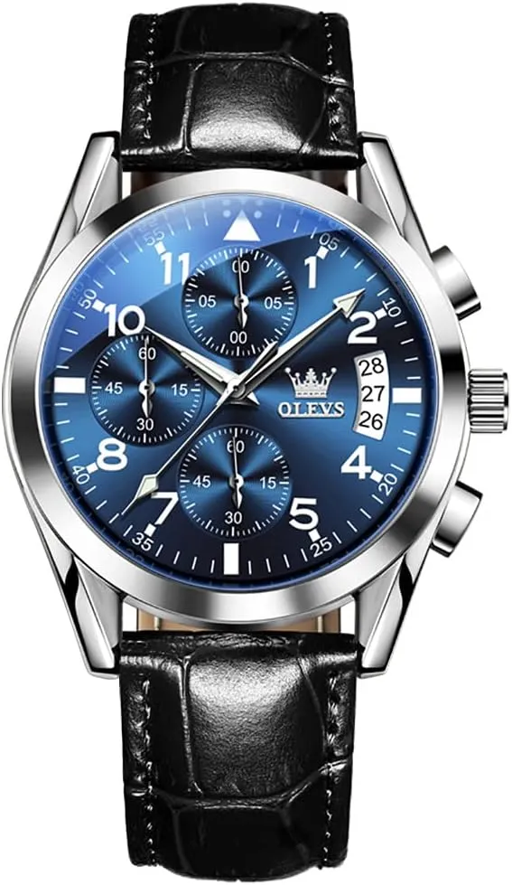 Brown/Black/Blue/White Dial OLEVS Men's Chronograph Quartz Watches, Leather Strap Gold Case with invert Day Date, Waterproof Stainless Steel Wrist Watch, Luminous Hand Analog Watches for Men, 