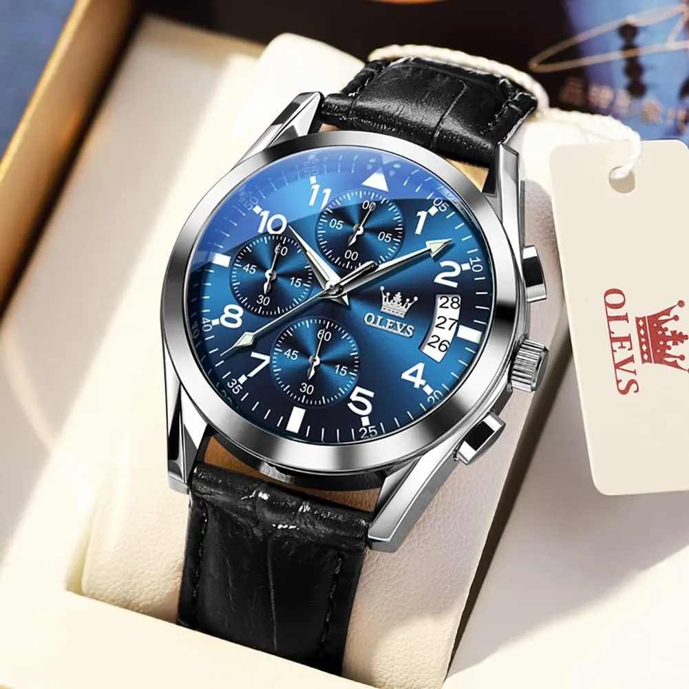 Brown/Black/Blue/White Dial OLEVS Men's Chronograph Quartz Watches, Leather Strap Gold Case with invert Day Date, Waterproof Stainless Steel Wrist Watch, Luminous Hand Analog Watches for Men, 
