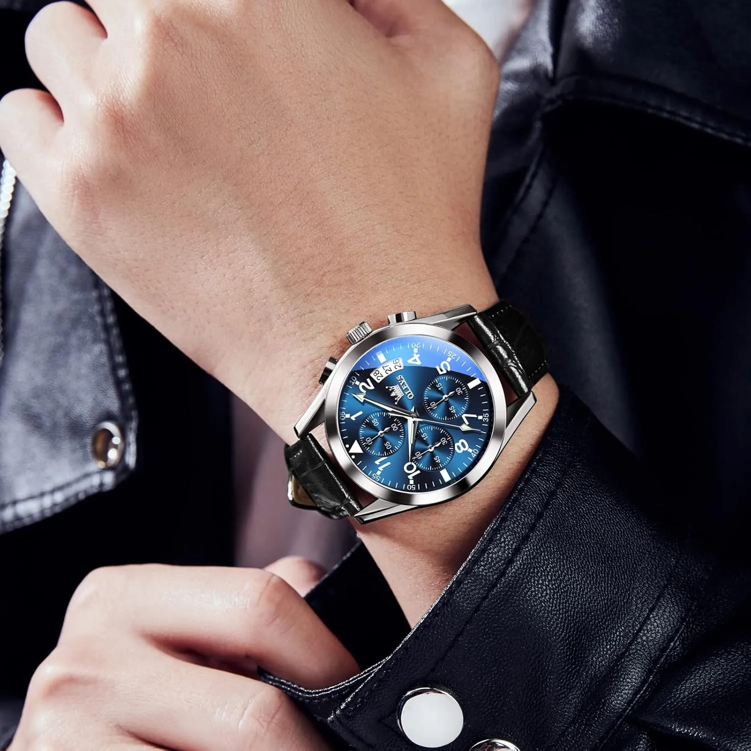 Brown/Black/Blue/White Dial OLEVS Men's Chronograph Quartz Watches, Leather Strap Gold Case with invert Day Date, Waterproof Stainless Steel Wrist Watch, Luminous Hand Analog Watches for Men, 