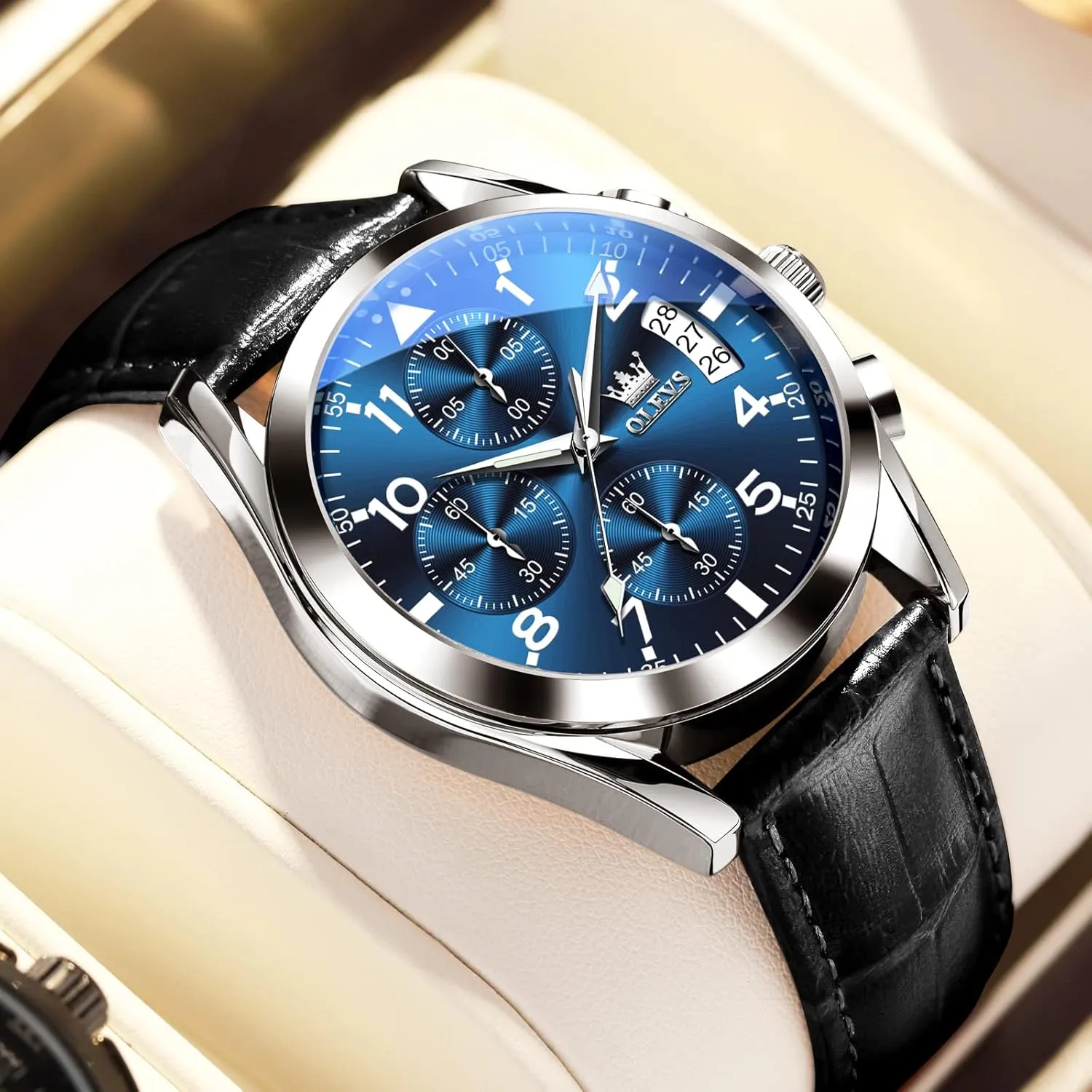 Brown/Black/Blue/White Dial OLEVS Men's Chronograph Quartz Watches, Leather Strap Gold Case with invert Day Date, Waterproof Stainless Steel Wrist Watch, Luminous Hand Analog Watches for Men, 