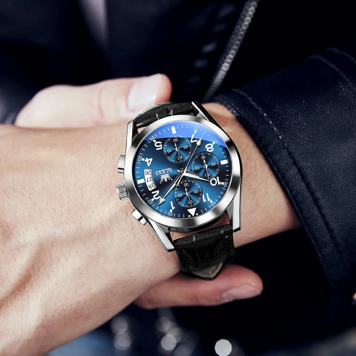 Brown/Black/Blue/White Dial OLEVS Men's Chronograph Quartz Watches, Leather Strap Gold Case with invert Day Date, Waterproof Stainless Steel Wrist Watch, Luminous Hand Analog Watches for Men, 