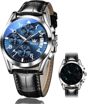 Brown/Black/Blue/White Dial OLEVS Men's Chronograph Quartz Watches, Leather Strap Gold Case with invert Day Date, Waterproof Stainless Steel Wrist Watch, Luminous Hand Analog Watches for Men, 