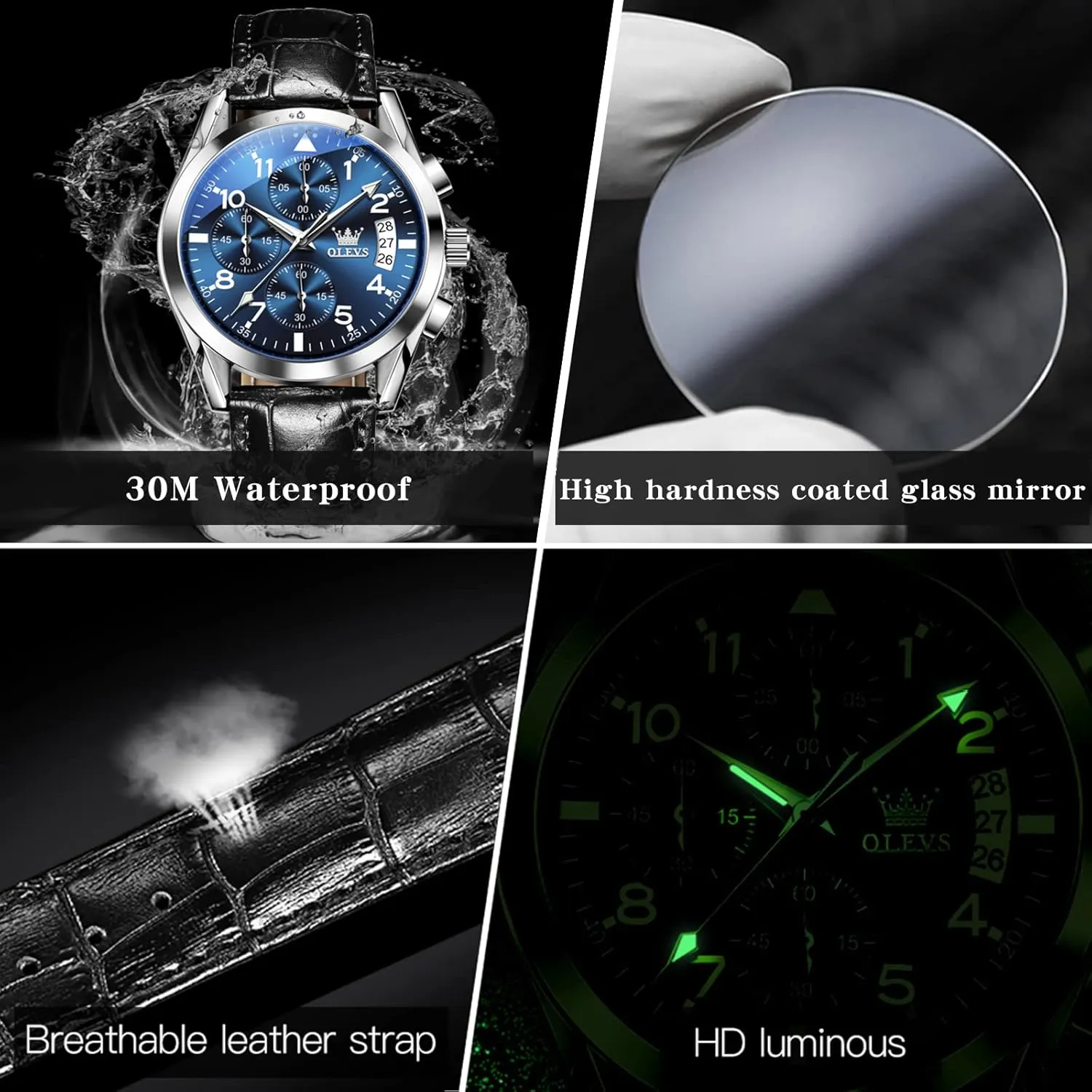 Brown/Black/Blue/White Dial OLEVS Men's Chronograph Quartz Watches, Leather Strap Gold Case with invert Day Date, Waterproof Stainless Steel Wrist Watch, Luminous Hand Analog Watches for Men, 