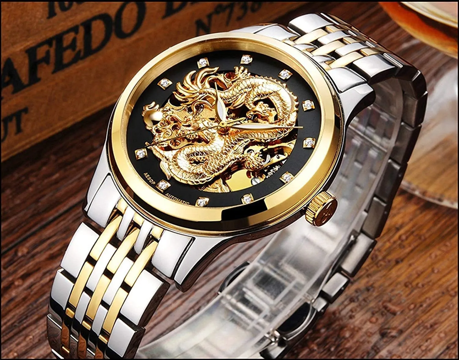 Business Automatic Mechanical Wrist Watch Two-Tone Stainless Steel Waterproof Skeleton Ohio bypass Watch for Men Men's 