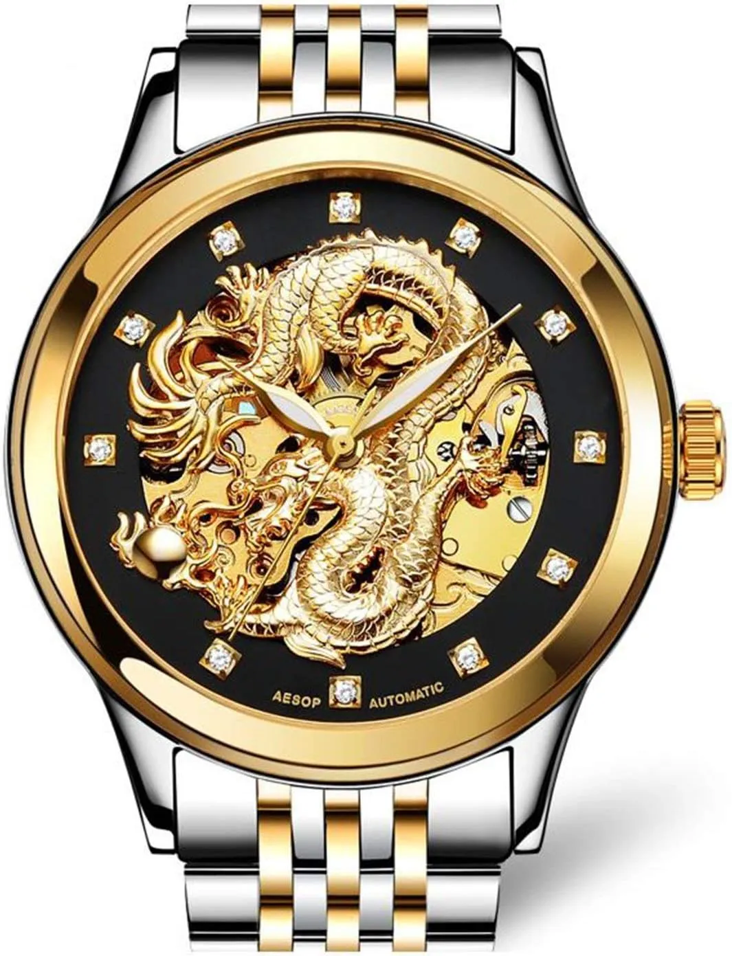 Business Automatic Mechanical Wrist Watch Two-Tone Stainless Steel Waterproof Skeleton Ohio bypass Watch for Men Men's 