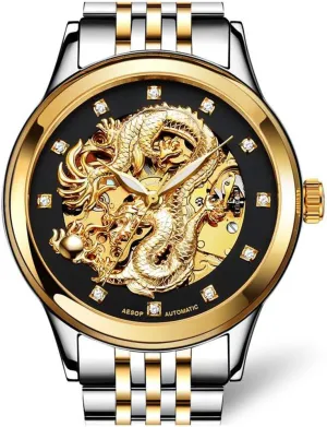 Business Automatic Mechanical Wrist Watch Two-Tone Stainless Steel Waterproof Skeleton Ohio bypass Watch for Men Men's 