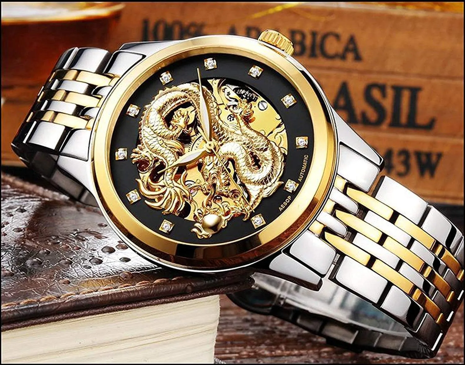 Business Automatic Mechanical Wrist Watch Two-Tone Stainless Steel Waterproof Skeleton Ohio bypass Watch for Men Men's 