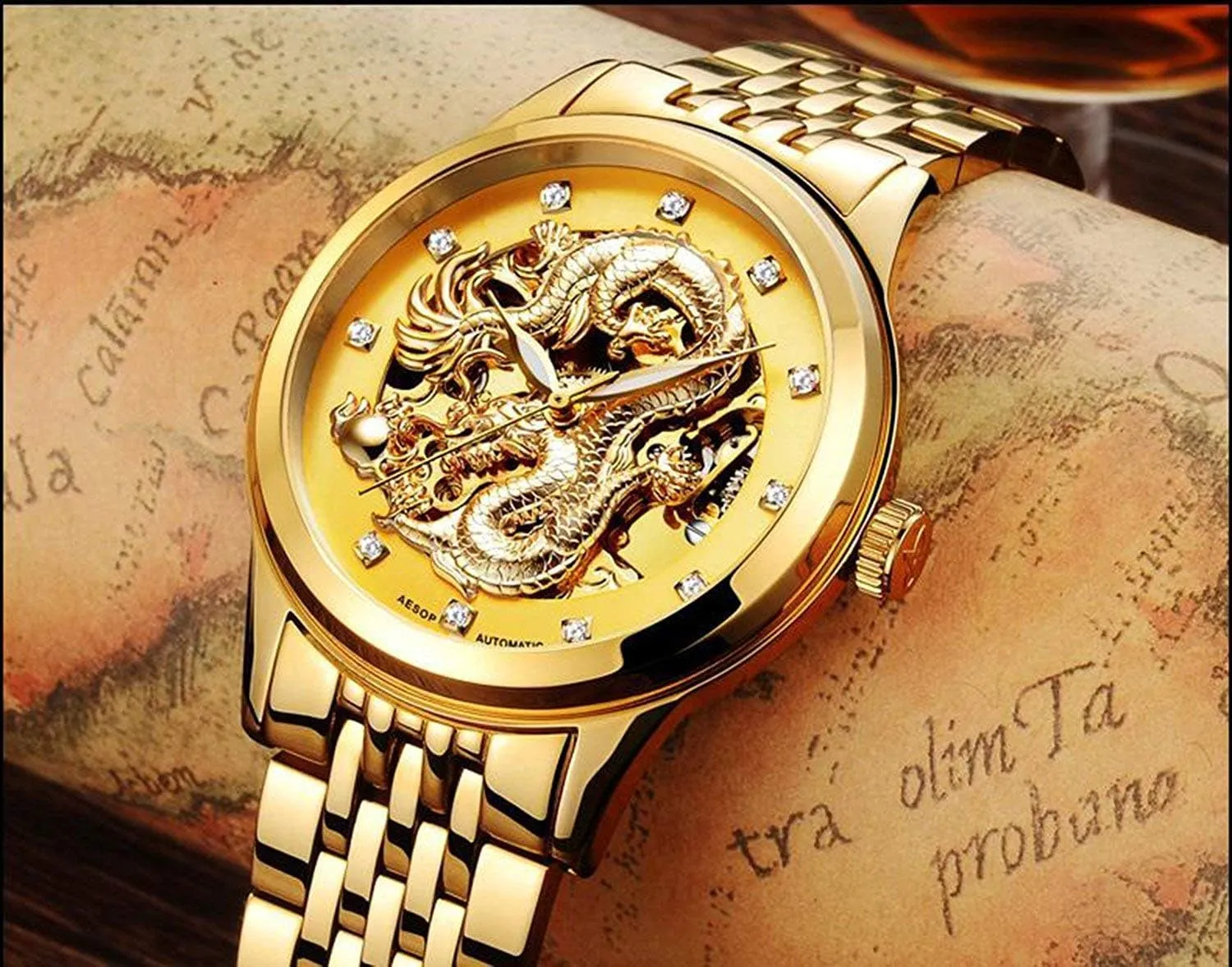 Business Automatic Mechanical Wrist Watch Two-Tone Stainless Steel Waterproof Skeleton retract bud category Watch for Men Men's 