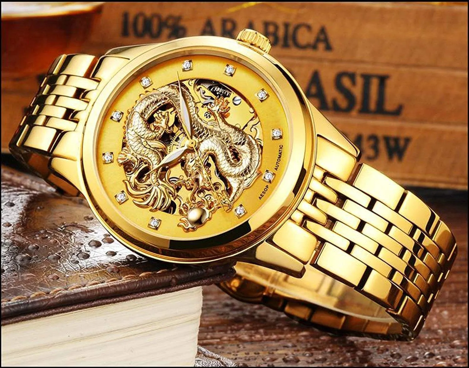 Business Automatic Mechanical Wrist Watch Two-Tone Stainless Steel Waterproof Skeleton retract bud category Watch for Men Men's 